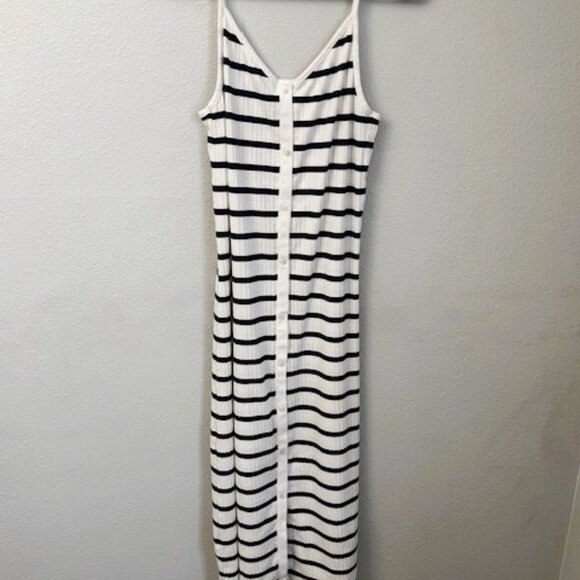 Aerie Ribbed Navy & White Striped Button Front Midi Dress Camisole Straps Size L - Picture 2 of 13